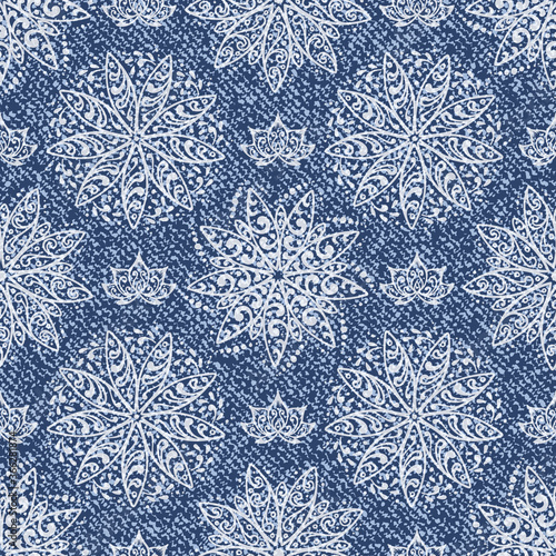 Vector Jeans background with Lotus Flowers Mandala Pattern. Denim seamless pattern. Blue jeans cloth © AllNikArt
