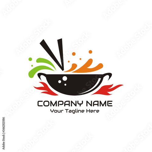 illustration vector graphic of cooking with pan accompanied by fire and water splash - perfect for cooking company, cafe, restaurant, etc.
