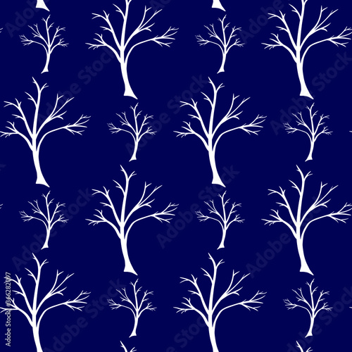 Seamless repeat pattern of tree silhouette in white on dark blue background.