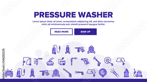 Pressure Washer Tool Landing Web Page Header Banner Template Vector. Pressure Washer Equipment For Wash Car Wheel And Glass, Brush And Sprayer Illustrations