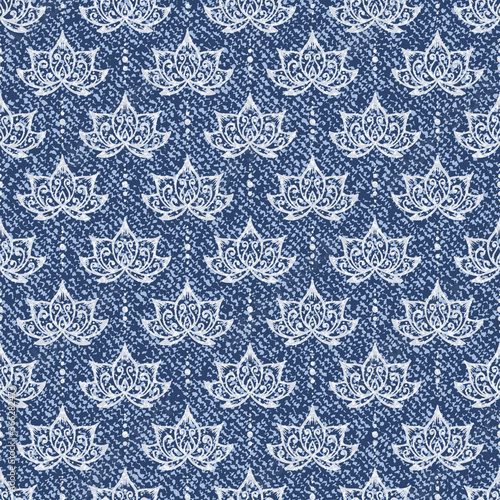 Vector Jeans background with Lotus Flowers Mandala Pattern. Denim seamless pattern. Blue jeans cloth 