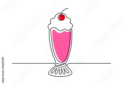 One line drawing milkshake with cherry. Glass with cocktail and red cherry in minimalist design for logo, summer cafe theme. Trendy poster, vector illustration