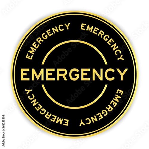 Black and gold color round sticker with word on white background
