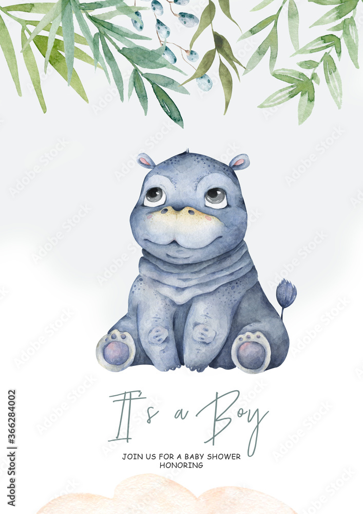 Cute baby Hippo Hand drawn adorable watercolor african animals illustration on white background for baby shower card