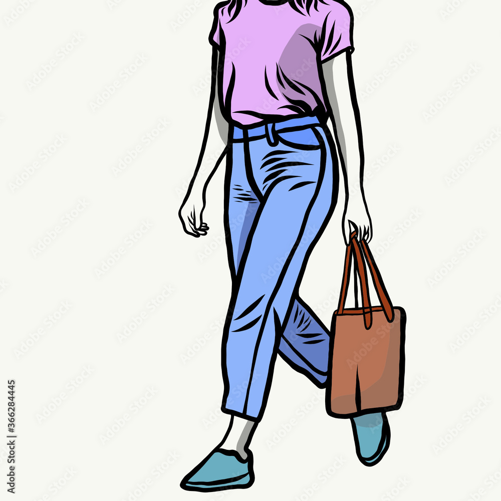 Hand draw of Cartoon character wearing jean,collection Jeans in many styles,carrying natural cotton tote bag,cloth bag,reduce amount plastic bags while shopping,creative with illustration progress. Hand draw of Cartoon character wearing jean,collection Jeans in many styles,carrying natural cotton tote bag,cloth bag,reduce amount plastic bags while shopping,creative with illustration progress.
