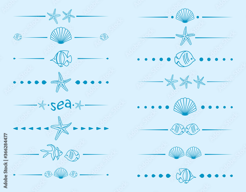 blue dividers with sea fauna - vector decorative starfish and shells and fish blue dividers with sea fauna - vector decorative starfish and shells and fish
