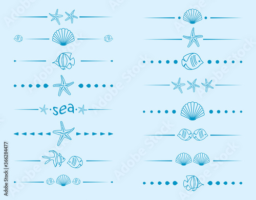 blue dividers with sea fauna - vector decorative starfish and shells and fish