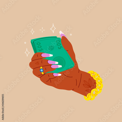 Black woman's hand is holding stack of green Money. Cool manicure and golden chain. Cash in hand. Five hundreds. Close up look. Cartoon style. Hand drawn Vector illustration. Logo or print idea
