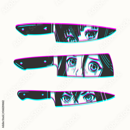 Three various Knives. Blades with Manga anime Eyes. Abstract Hand drawn Vector trendy illustration. Cool design. Minimalistic style. Tattoo or print idea. Every knife is isolated. Glitch effect