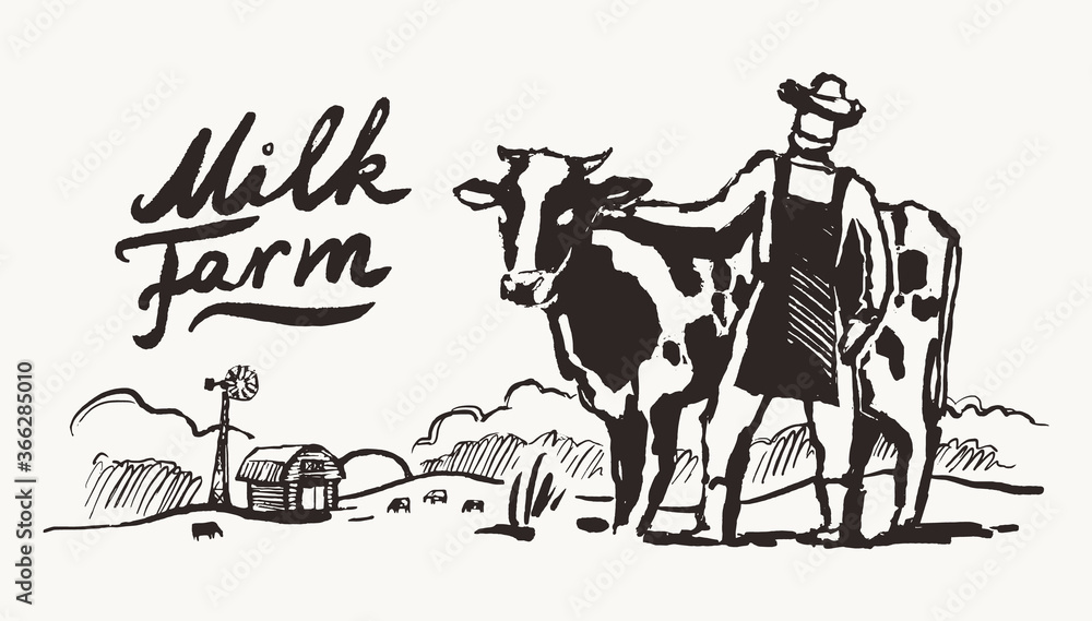 Farmer pitchfork meadow cows label dairy vector