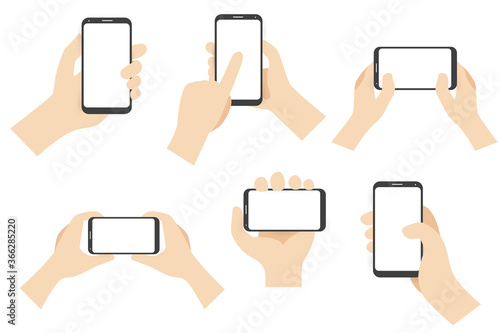 Icon set of hands holding smartphone. Flat illustration of mockup smartphone. Hand handling phone. Phone in hands icon set. Slide, touch screen, rotate, swipe, zoom, scroll. 