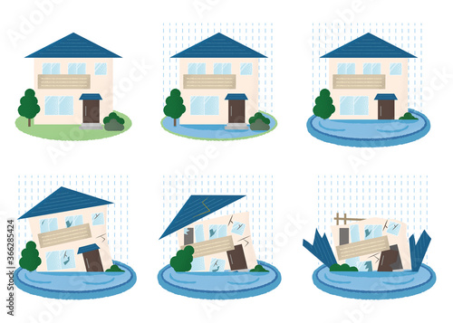 水害を受ける住宅のベクターイラストセット	
