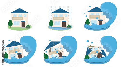 水害を受ける住宅のベクターイラストセット	