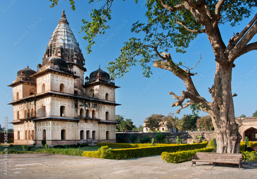 Indian architecture. Historical buildings of Cinotaphs from 17th century, like the memorial for kings of Orchha city, Madhya Pradesh state, India