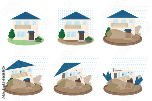 水害を受ける住宅のベクターイラストセット	