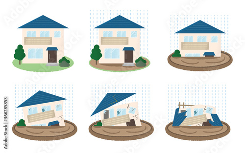 水害を受ける住宅のベクターイラストセット	