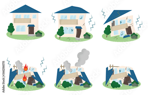 地震の被害に遭う住宅のベクターイラストセット	
