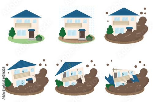 水害を受ける住宅のベクターイラストセット	
