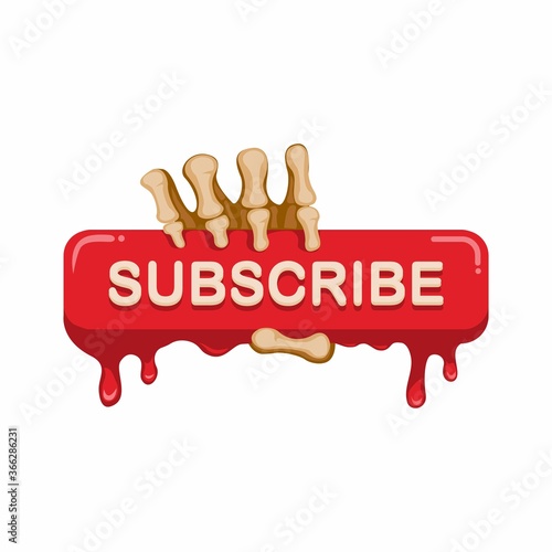 Subscribe button with skeleton hand, horror nigtmare theme video streaming subcription. concept in cartoon illustration vector isolated in white background