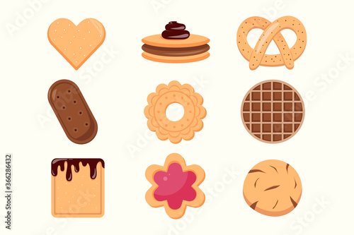 Cookie and biscuit icon collection Isolated on white background. Delicious cookies cartoon vector illustration sweet food.