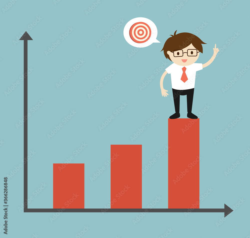Business concept, Businessman is standing on the top chart thinking about target. Vector illustration. Business concept, Businessman is standing on the top chart thinking about target. Vector illustration.