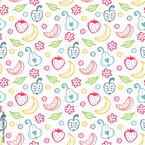 Food Vector Background. Hand Drawn Doodle Fruits and Berries Seamless pattern