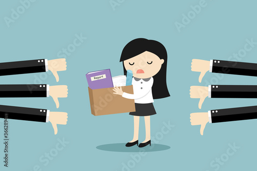 Business concept, business woman gets bad feedback so she needs to find a new job. Vector illustration.