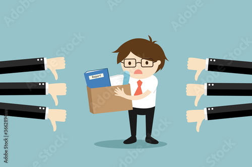 Business concept, businessman gets bad feedback so he needs to find a new job. Vector illustration.