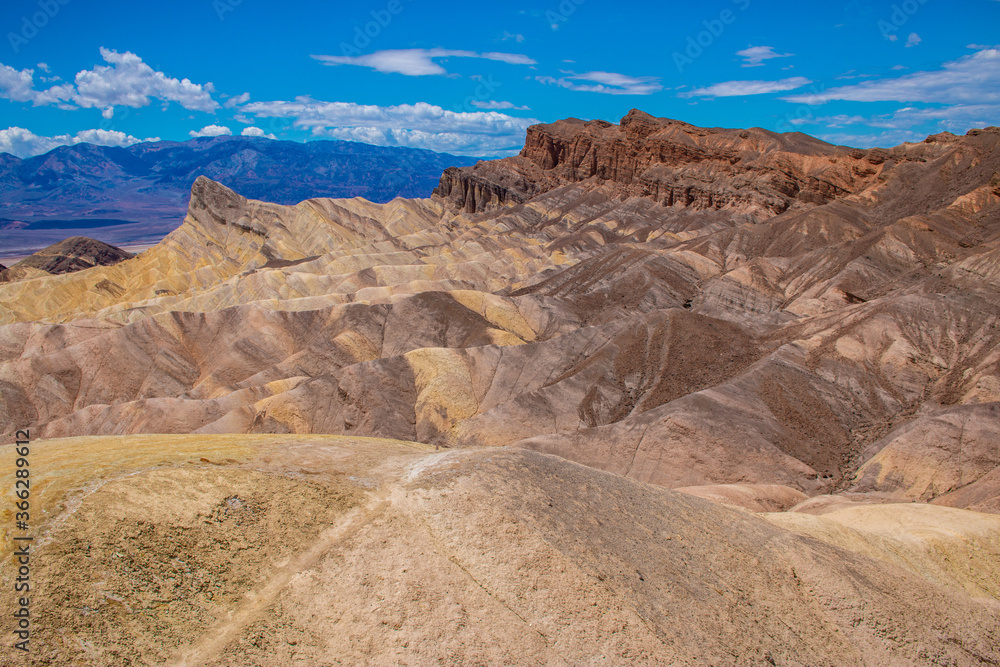 View from Zabriskie Point with its interesting looking erosional landscape. In the Death Valley National Park, USA.