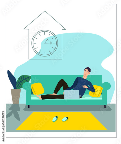 Work at home, freelance, Vector. A man working as a freelancer, organized coworking space, distant job, home lifestyle. Stock vector illustration. Can be used for journals, posters, banners, web.