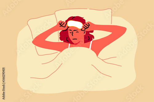 Irritation, morning, noise, health, recreation concept. Young exhausted woman raises slightly face mask and trying to open sleepy eyes needing more rest and out of energy. Time wake up illustration