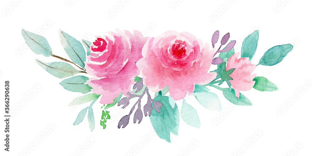 Spring watercolor botanical illustration. Bouquets with Pink rose, Mint leaves and Eucalyptus branches. Perfect for wedding invitations, cards, frames, posters, packing, textile and more