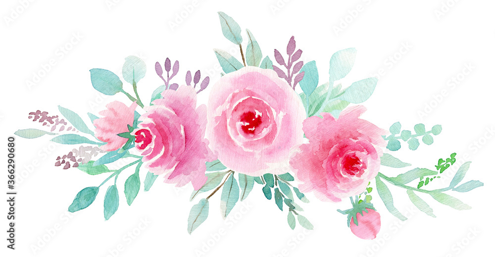 Watercolor botanical illustration. Bouquet with Pink rose, Mint leaves and Eucalyptus branches. Spring design. Perfect for wedding invitations, cards, frames, posters, packing, textile and more