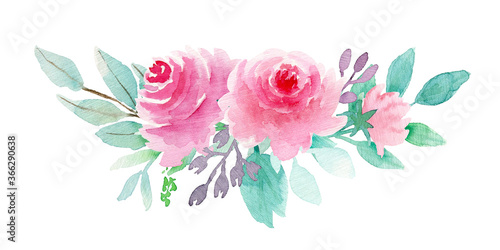 Spring watercolor botanical illustration. Bouquets with Pink rose, Mint leaves and Eucalyptus branches. Perfect for wedding invitations, cards, frames, posters, packing, textile and more © KateBo