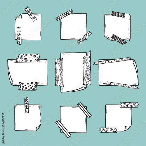 Strips of Masking Tape and Note Paper Set. Hand Drawn Doodle Sticky tape with Paper. Scotch patterned Adhesive tape collection. Vector illustration
