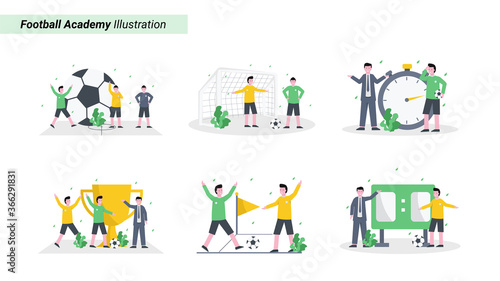 Flat vector illustration of the coach trains soccer academy participants, physical, skill and health