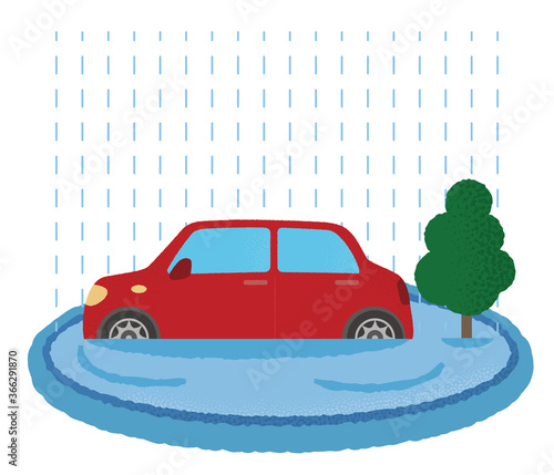 浸水の被害に遭う自動車のベクターイラスト	