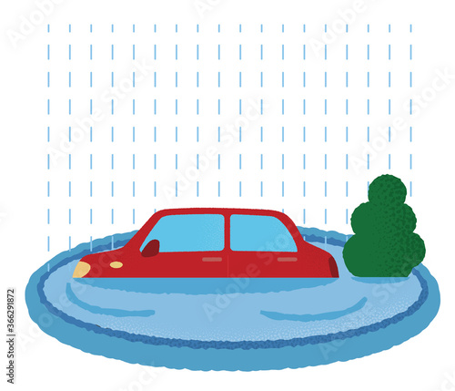 浸水の被害に遭う自動車のベクターイラスト	