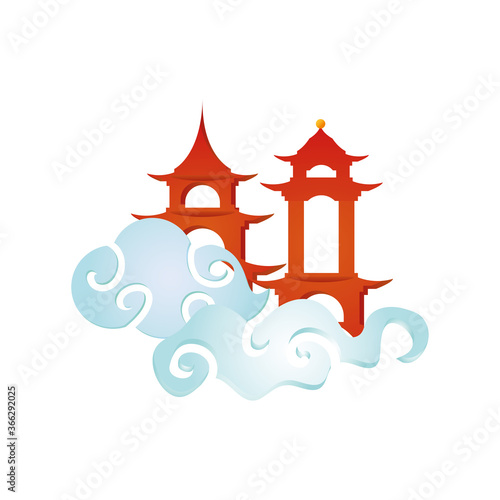 happy mid autumn festival card with castle and clouds