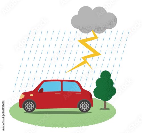 雷雨の被害に遭う自動車のベクターイラスト	
