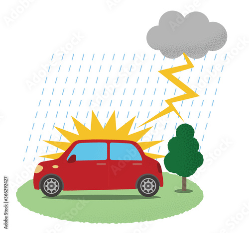 雷雨の被害に遭う自動車のベクターイラスト	
