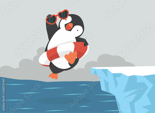 cartoon penguin inflatable ring  jumping on  Iceberg