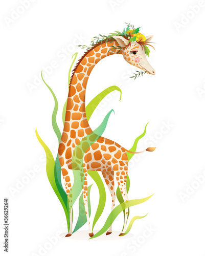 Exotic Giraffe in nature Realistic design for t shirt or poster print. Animal print, picture book, colorful animal character. Watercolor style vector graphic with 3d imitation.