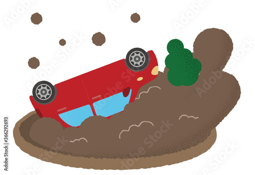 土砂災害に遭う自動車のベクターイラスト