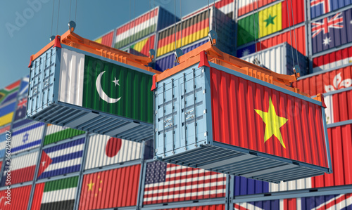 Freight containers with Pakistan and Vietnam flag. 3D Rendering 