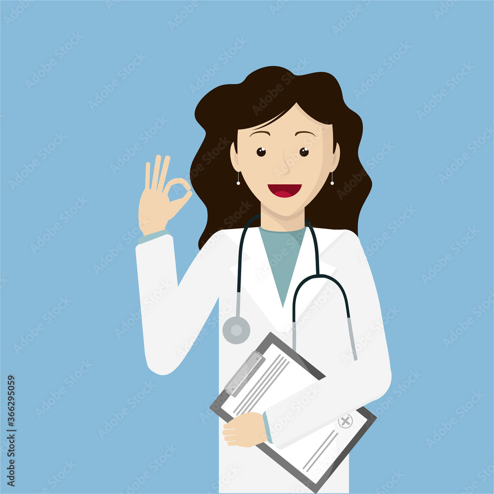 A girl doctor holds a sheet of illness and shows with her fingers that everything is in order.
Smiling medical professional in a white coat. Vector image.