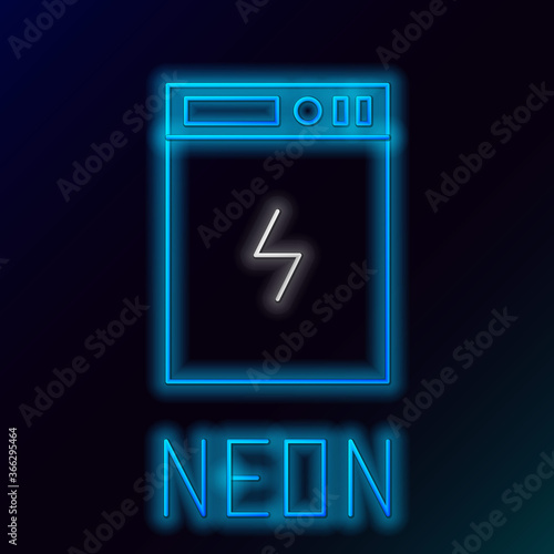 Glowing neon line Power bank icon isolated on black background. Portable charging device. Colorful outline concept. Vector.