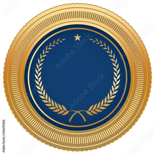 Medaille Vektor mit Goldrahmen, Lorbeerkranz, Stern und blauer Medaille auf einem weißen isolierten Hintergrund.