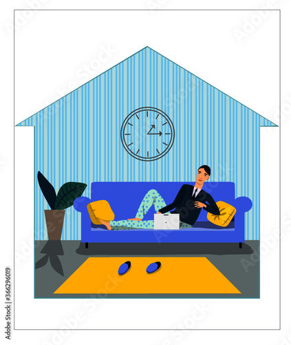 Work at home, freelance, Vector. A man working as a freelancer, organized coworking space, distant job, home lifestyle. Stock vector illustration. Can be used for journals, posters, banners, web.
