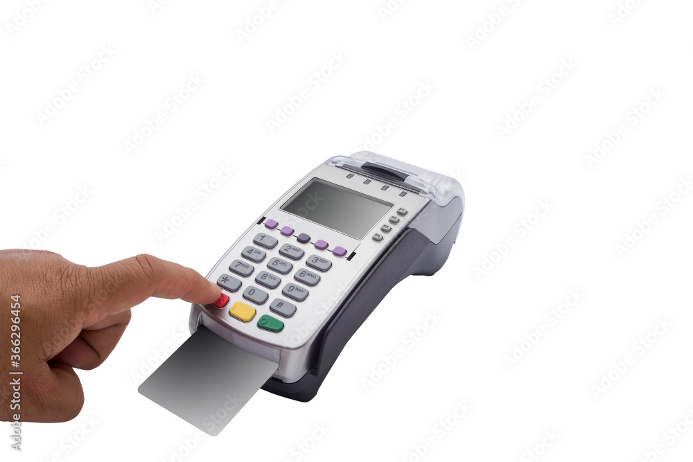Credit card and pos terminal on white Credit card and pos terminal on white